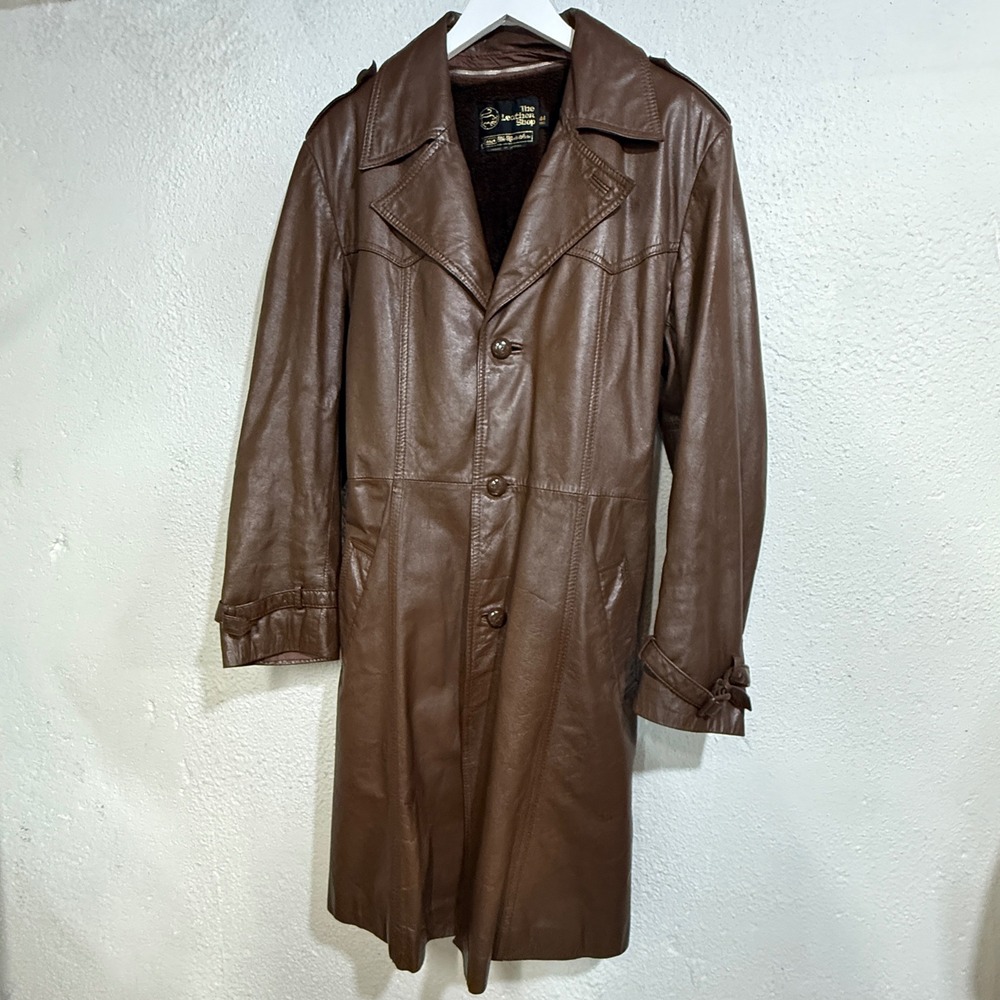 Vintage Sears The Leather Shop Trench Coat Mens 44 Tall Brown Belted Long 70s